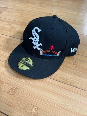 Chicago White Sox New Era 59Fifty Size 8 Black Cap Local Dishes Pizza Patch Rare